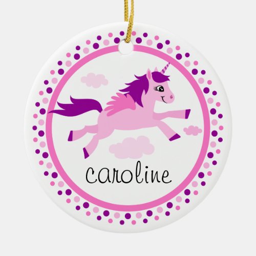 Pink unicorn with wings personalized name ceramic ornament