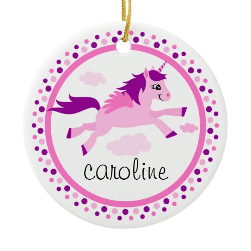 Pink unicorn with wings personalized name ceramic ornament