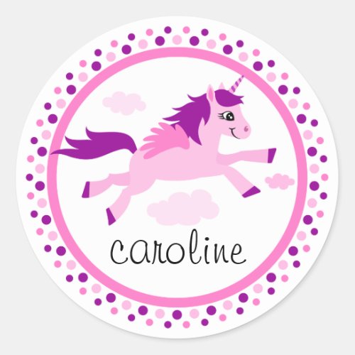 Pink unicorn with wings personalized name classic round sticker