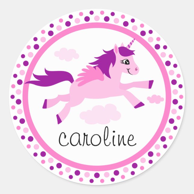 Pink unicorn with wings personalized name classic round sticker (Front)