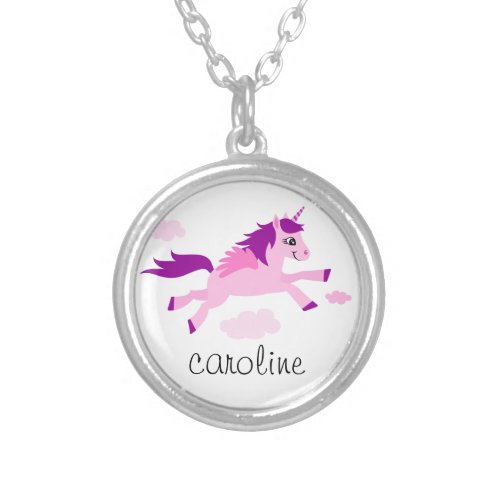 Pink unicorn with wings personalized name silver plated necklace