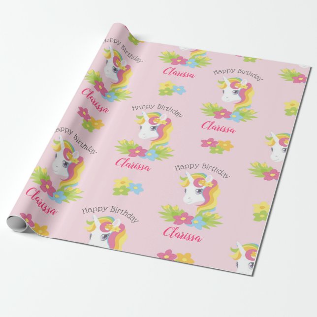 Pink Unicorn Wrapping Paper (Personalized) Girls (Unrolled)