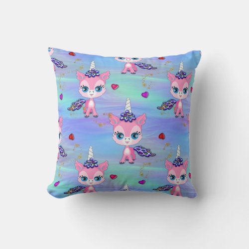Pink Unicorns and Hearts Throw Pillow