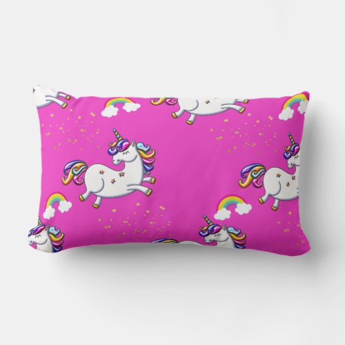 Pink Unicorns Gold Stars and Rainbow Lumbar Pillow