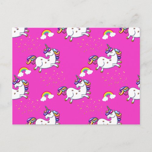 Pink Unicorns Gold Stars and Rainbow Postcard