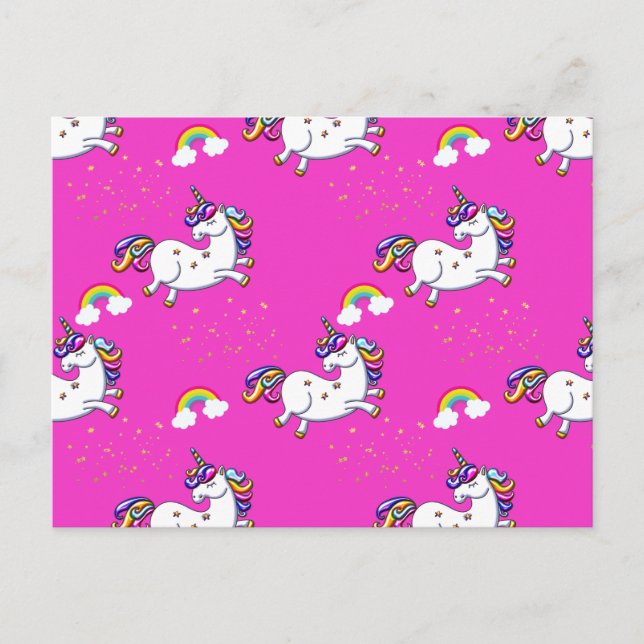 Pink Unicorns Gold Stars and Rainbow Postcard (Front)