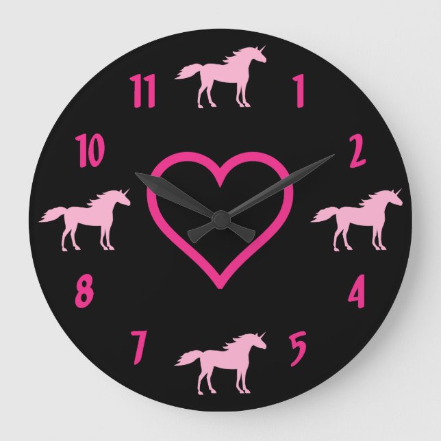 Pink Unicorns with Hot Pink Heart on Black Large Clock (Front)