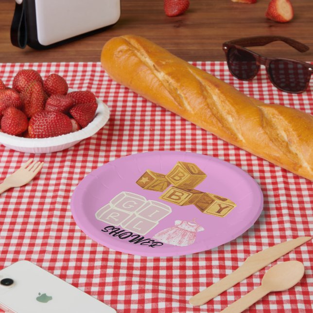 Pink Unique Baby Girl Dice Baby Shower  Paper Plates (Picnic)