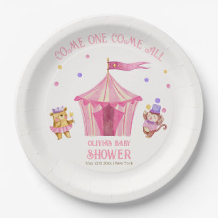 Pink Unique Circus Bear Monkey Baby Shower Paper Plates