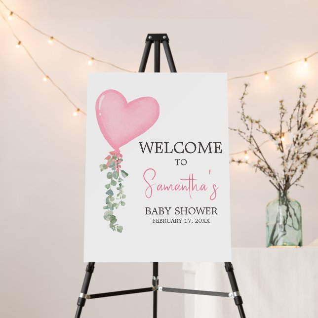 Pink Valentine Balloon Baby Shower Welcome Sign (In Situ (Stand))