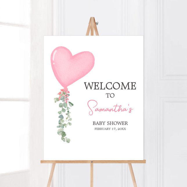 Pink Valentine Balloon Welcome Poster (A Little Sweetheart Balloon Baby Shower Welcome Sign)