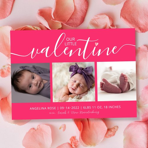 Pink Valentine Birth Announcement 3 Photo Hearts