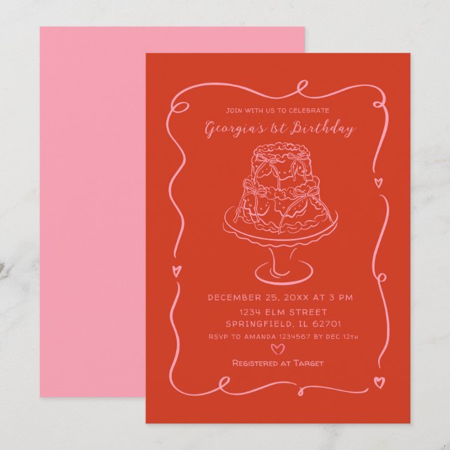Pink Valentine Conquette Bow Girl's 1st Birthday Invitation (Front/Back)