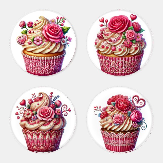 PINK VALENTINE CUPCAKES WITH FLOWERS & HEARTS COASTER SET (Set)