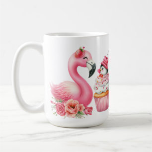 PINK VALENTINE FLAMINGO WITH STRAWBERRY CUPCAKE COFFEE MUG