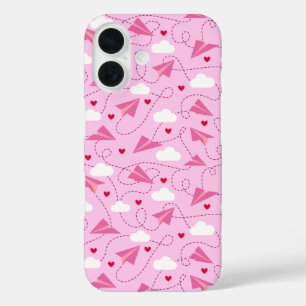 Pink Valentine Flying Paper Planes Red Hearts Cute iPhone 16 Case