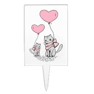 PINK VALENTINE HEART BALLOONS WITH GRAY KITTENS CAKE TOPPER