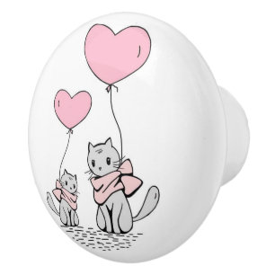 PINK VALENTINE HEART BALLOONS WITH GRAY KITTENS CERAMIC KNOB