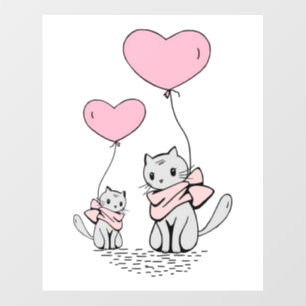PINK VALENTINE HEART BALLOONS WITH GRAY KITTENS WALL DECAL