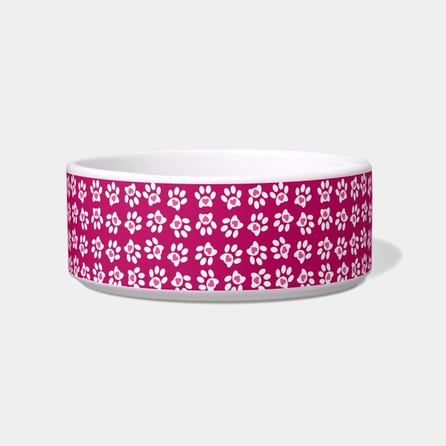 Pink Valentine Heart Paw Print Pattern Bowl (Front)