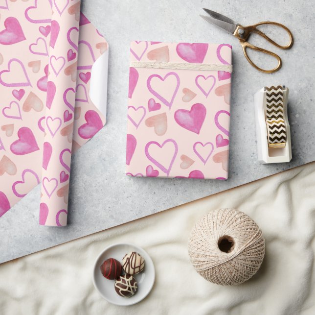 Pink Valentine Heart Watercolor Hand-painted Wrapping Paper (Crafts)