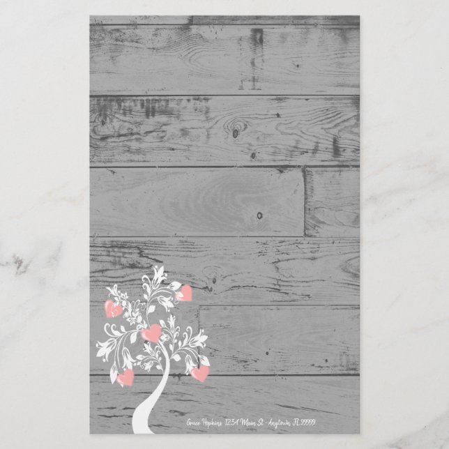 Pink Valentine Hearts Tree Personalized Stationery (Front)