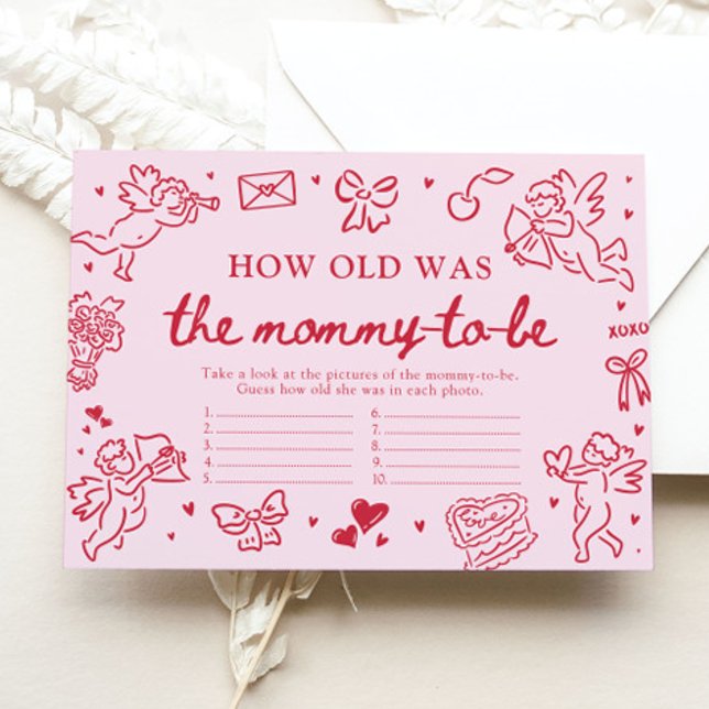 Pink Valentine How Old Was Mommy Baby Shower Game Enclosure Card (Pink Valentine How Old Was Mommy Baby Shower Game )