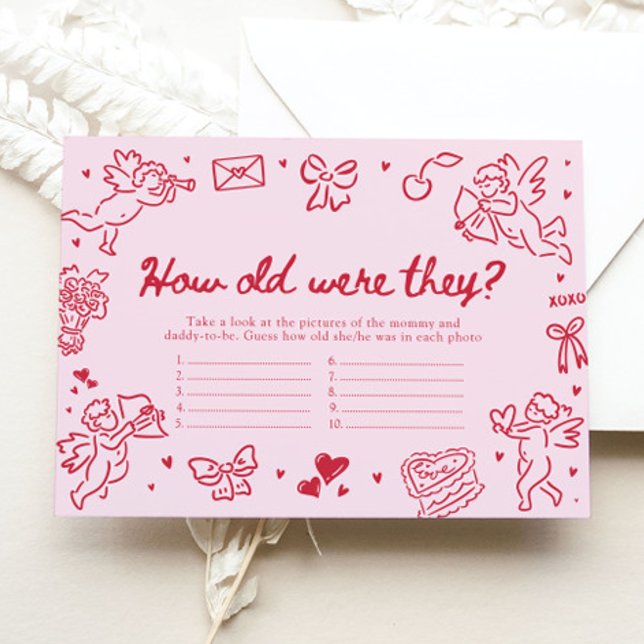Pink Valentine How Old Were They Baby Shower Game Enclosure Card (Pink Valentine How Old Were They Baby Shower Game)