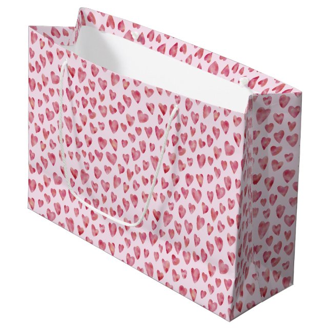 Pink Valentine Love Heart pattern Large Gift Bag (Front Angled)