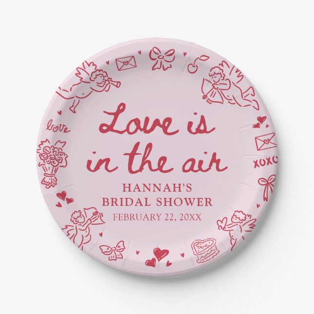 Pink Valentine Love is in the Air Bridal Shower Paper Plates (Front)
