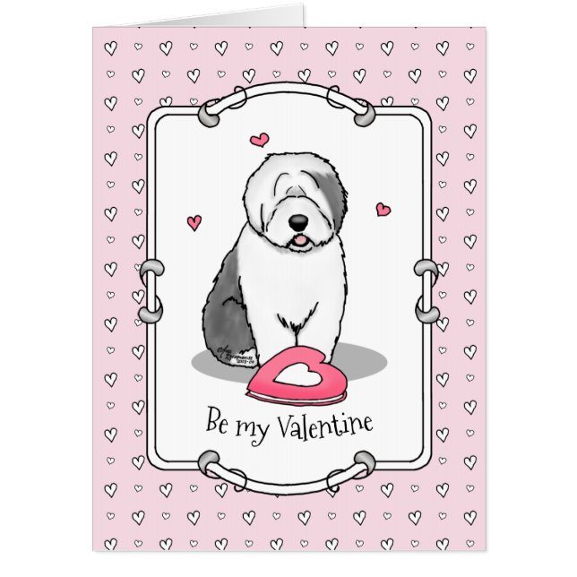 Pink Valentine Old English Sheepdog Dog Gray 1 Fun Card (Front)