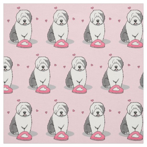 Pink Valentine Old English Sheepdog Dog Gray 1 Fun Fabric