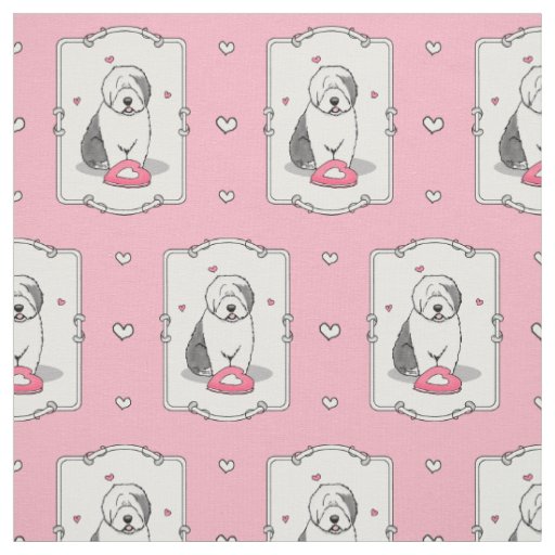 Pink Valentine Old English Sheepdog Dog Gray 1 Fun Fabric