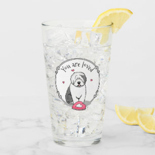 Pink Valentine Old English Sheepdog Dog Gray 1 Fun Glass