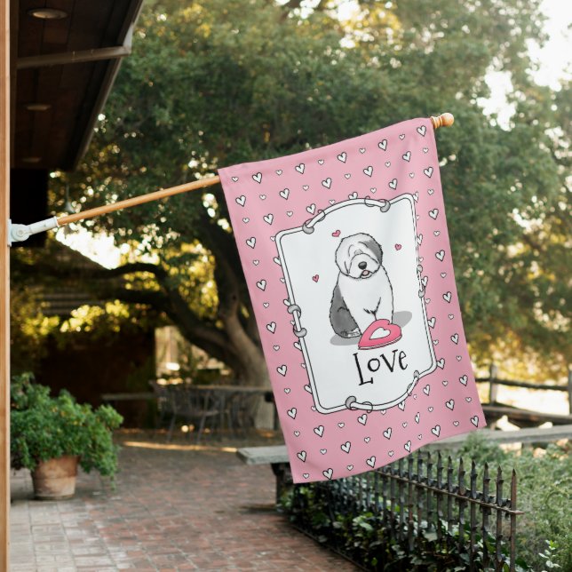 Pink Valentine Old English Sheepdog Dog Gray 1 Fun House Flag (In SItu)