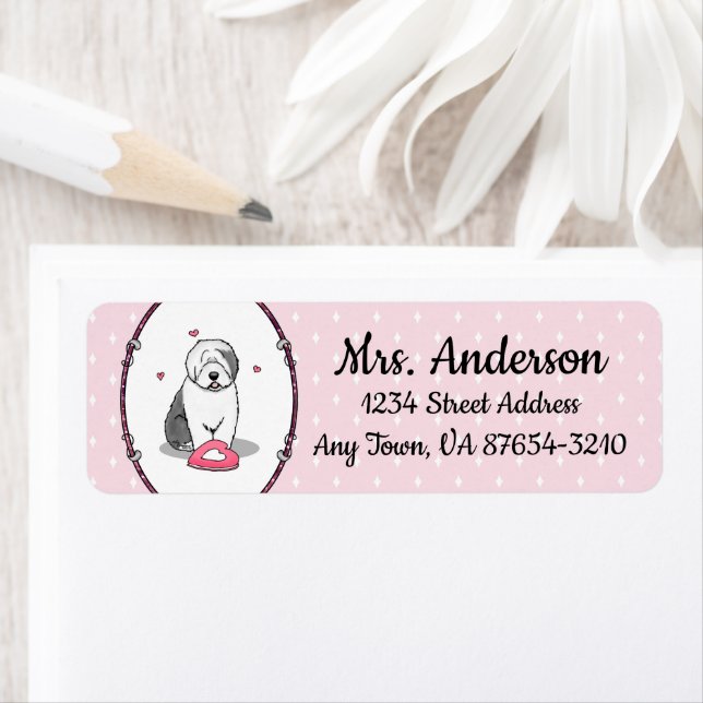 Pink Valentine Old English Sheepdog Dog Gray 1 Fun Label (Insitu)