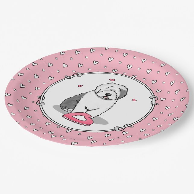Pink Valentine Old English Sheepdog Dog Gray 1 Fun Paper Plates (Angled)