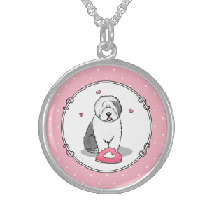 Pink Valentine Old English Sheepdog Dog Gray 1 Fun Sterling Silver Necklace