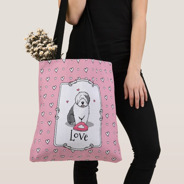 Pink Valentine Old English Sheepdog Dog Gray 1 Fun Tote Bag (Close Up)