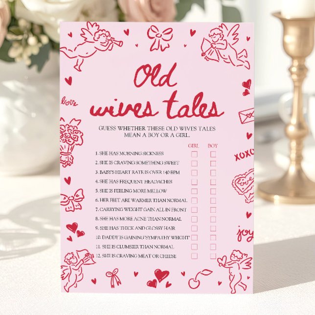 Pink Valentine Old Wives Tales Baby Shower Game Invitation (Pink Valentine Old Wives Tales Baby Shower Game)