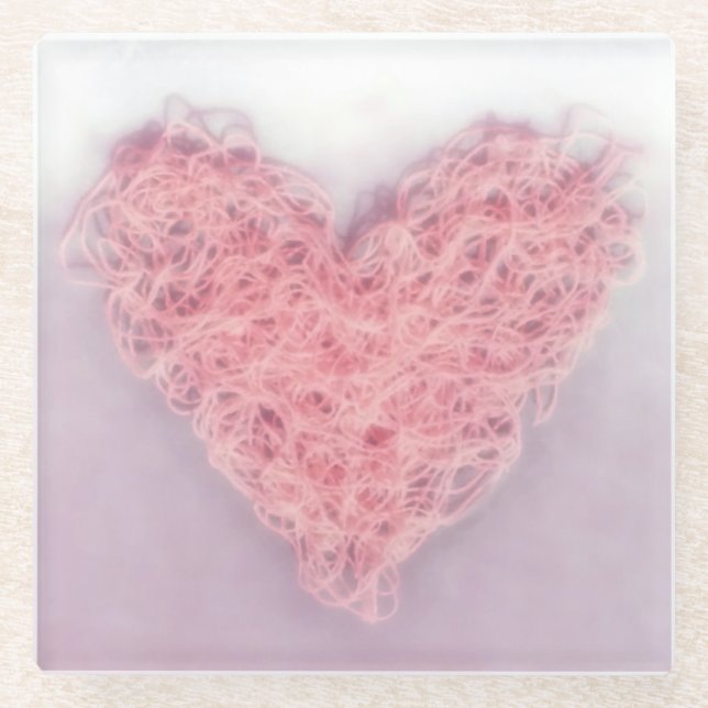 Pink Valentine’s Day Woollen Yarn Knitting Heart Glass Coaster (Front)