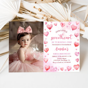 Pink Valentine Sweetheart  1st Birthday Photo Invitation