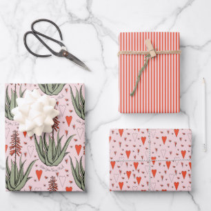 Pink Valentines Aloe Succulents Stripes Hearts Wrapping Paper Sheets