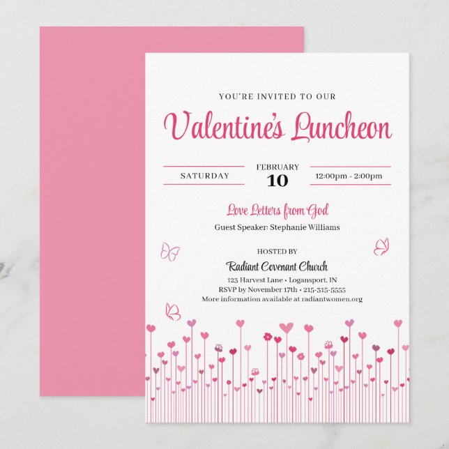 Pink Valentine's Church Luncheon Heart Flowers Invitation (Front/Back)