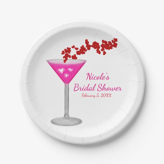 Pink Valentine's Day Cocktail Custom Party Paper Plates (Front)