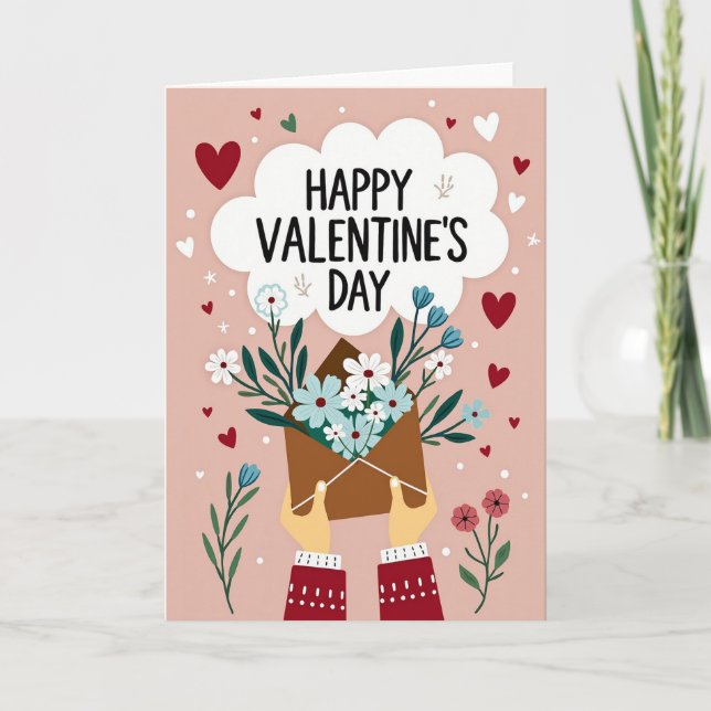 Pink Valentines Day Flowers Card (Front)