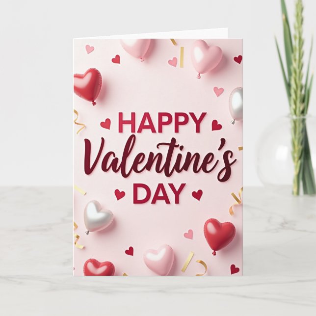 Pink Valentines Day Heart Balloon Card (Front)