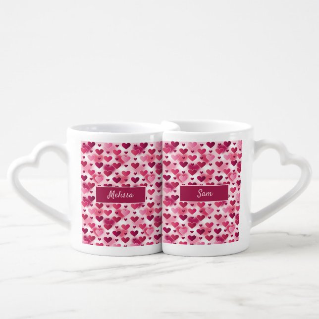 Pink Valentine's Day Hearts With Custom Names Coffee Mug Set (Front Nesting)