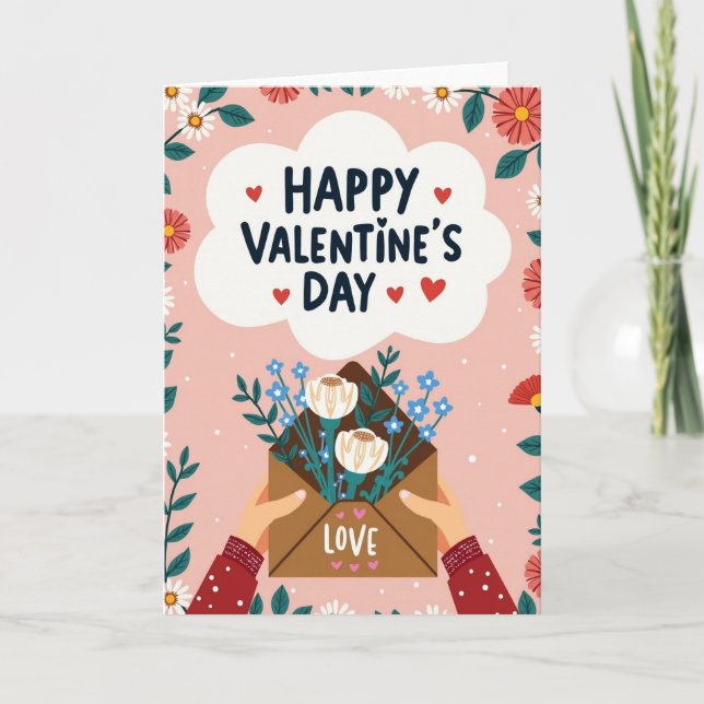 Pink Valentines Day Illustrated Card (Front)