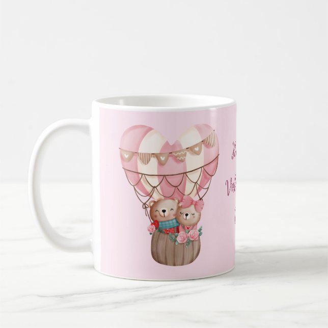 Pink Valentine's Day teddy bear hot air balloon Coffee Mug (Left)